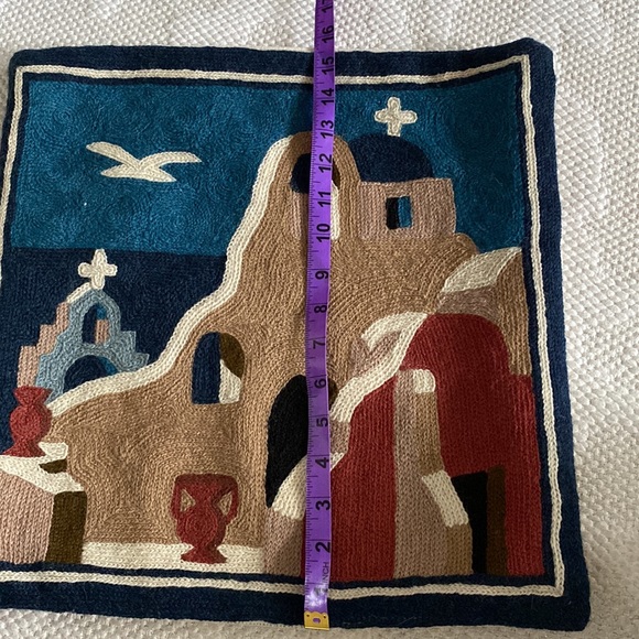 Vtg 90’s Handmade needle wool crafted Cushion Greek scenery art Size 15.5”x15.5” - Picture 11 of 13